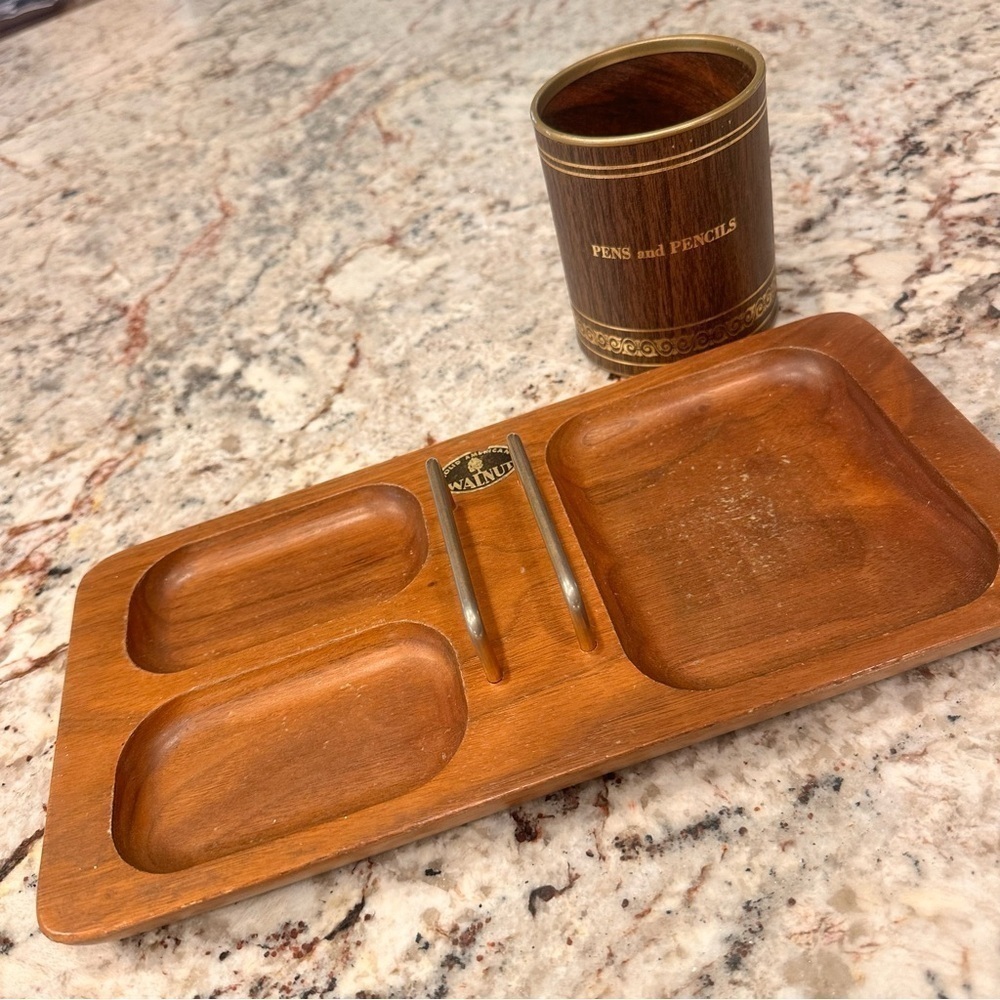 Vintage office desk set pencils pens paper clip sticky note organizer walnut